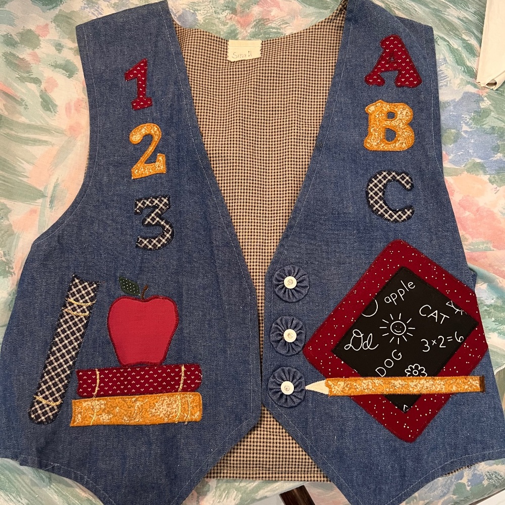 Hand Embroidered Teacher Scool Bus Schoolhouse Denim Cotton Ladies Vest Small